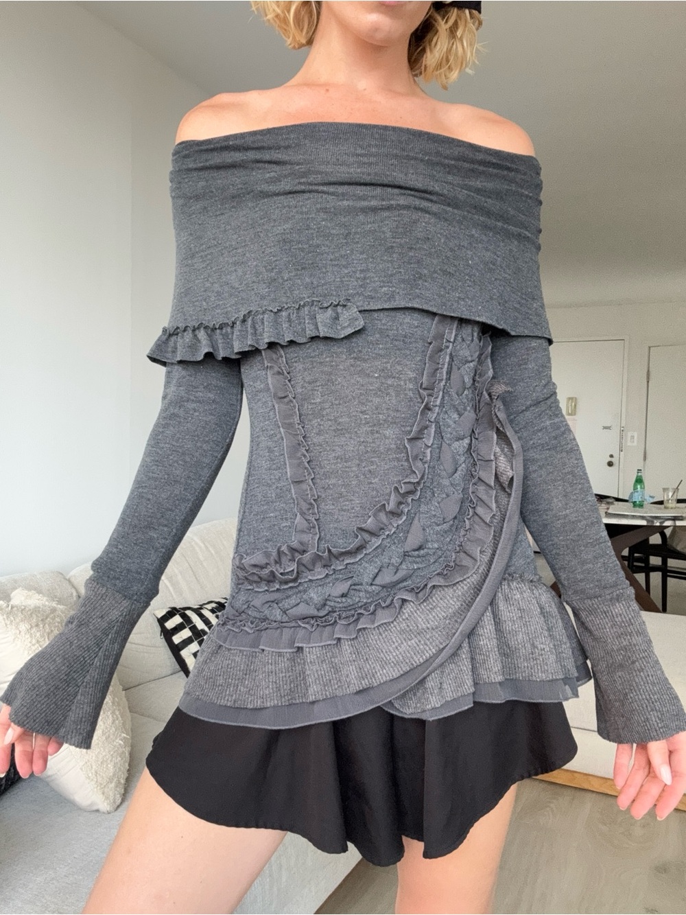 VENUS Y2K Off Shoulder Ruffle Asymmetrical Knit Top